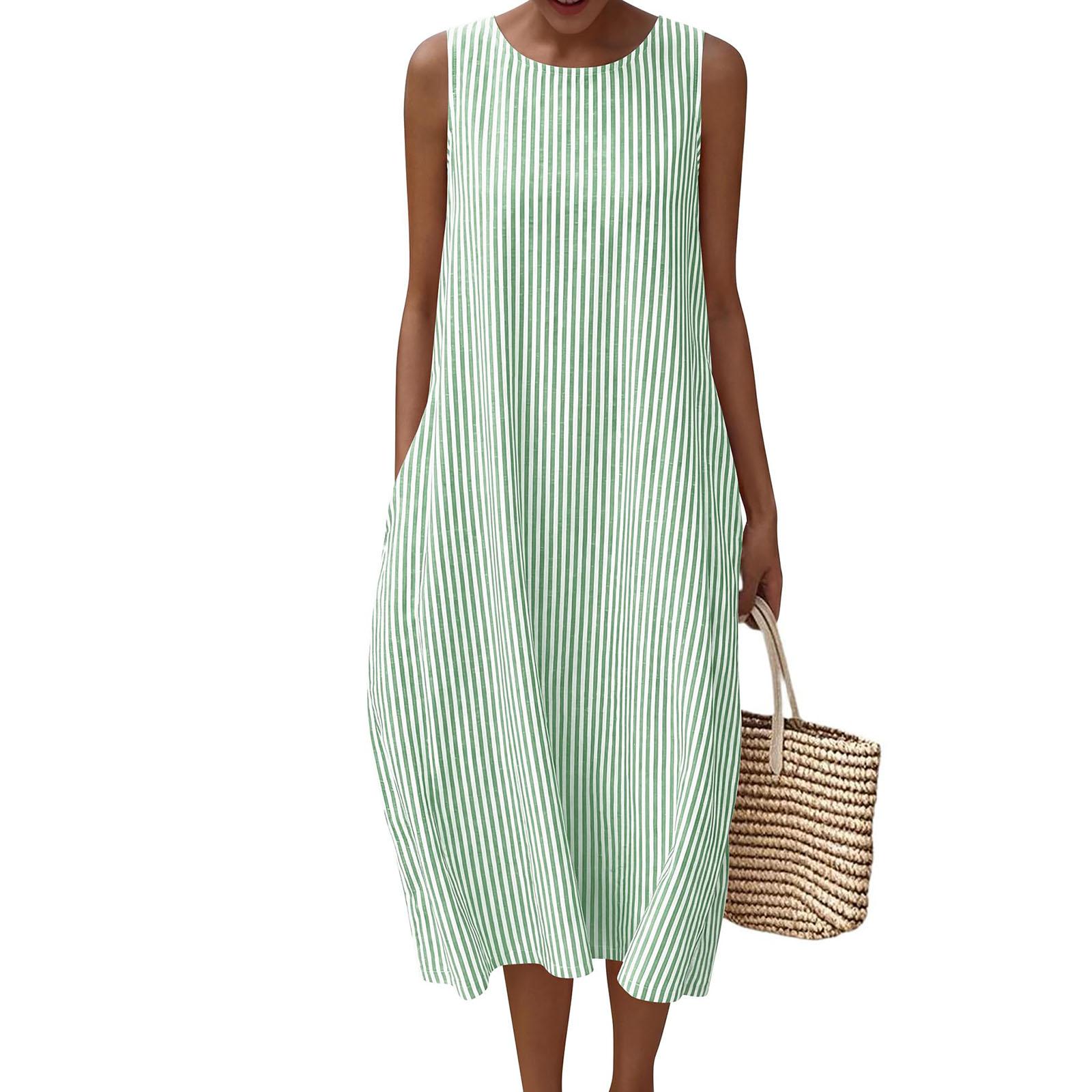 Women s Fashion Casual Striped Print Sleeveless Round Neck Vest Dress L зелёный