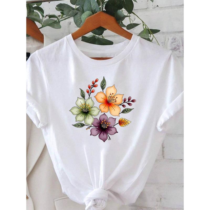 Plus Size - Plus Size - Fresh Flowers Graphic Print Plus Size Women S T-Shirt, Short Sleeve Crew Neck Casual Top for 2XL белый
