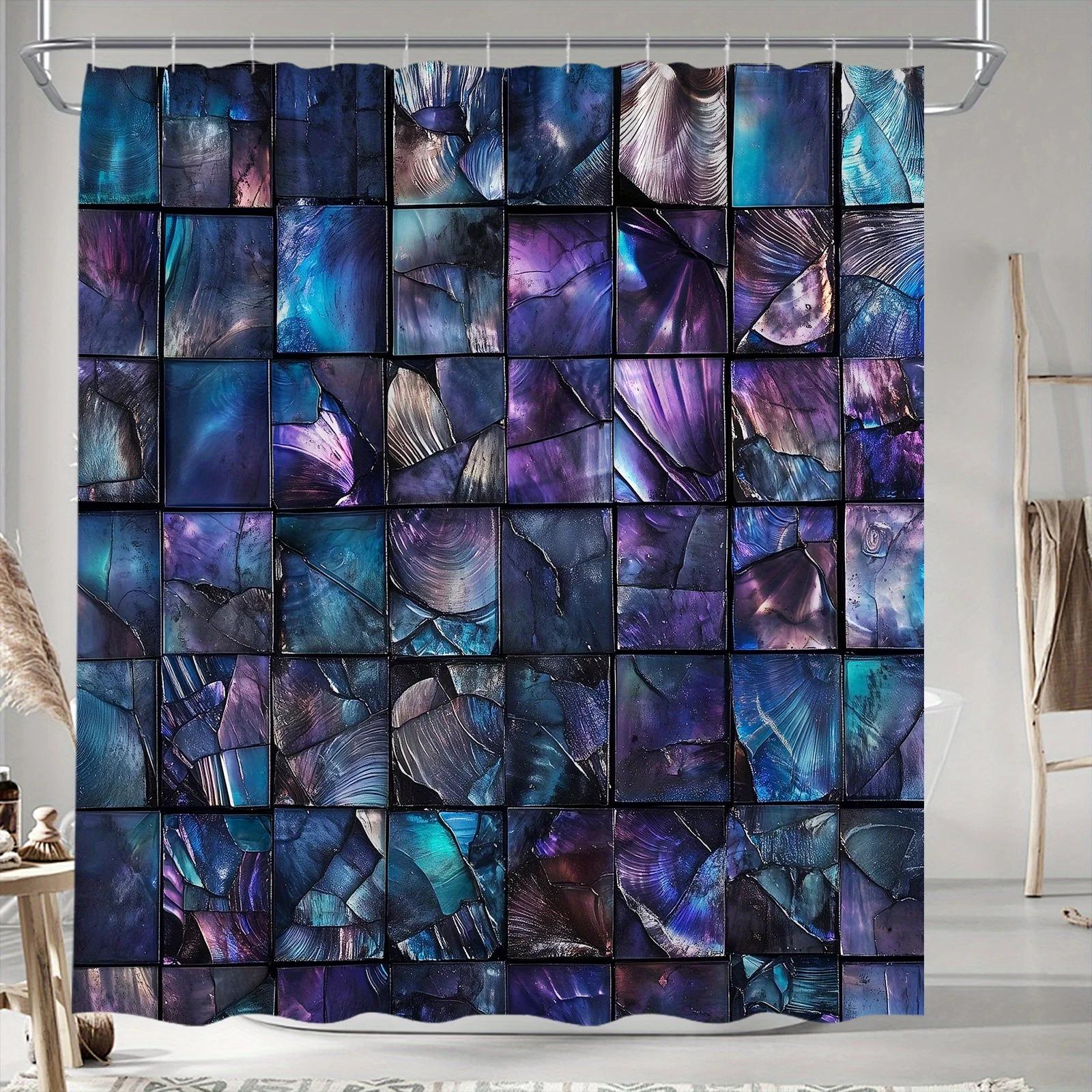 

1Pc Abstract Digital Art Bath Curtain With Iridescent Deep Blues, Purples, And Silvers, Mesmerizing 3D Tile Grid Design W60H190(CM)-1 Pcs