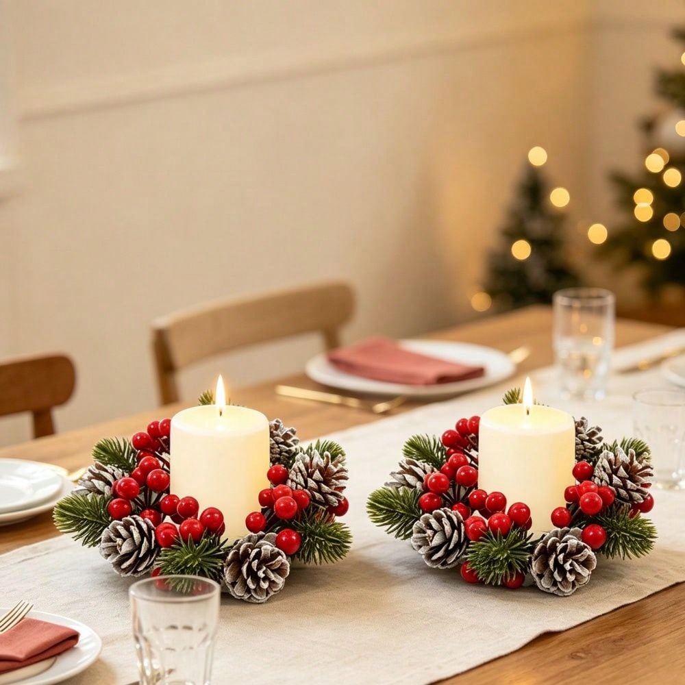 2Pcs Artificial Pinecone Christmas Wreath, Christmas Floral Candle Holder, Tabletop Home Decor Ornament, Festive Atmosphere Decoration