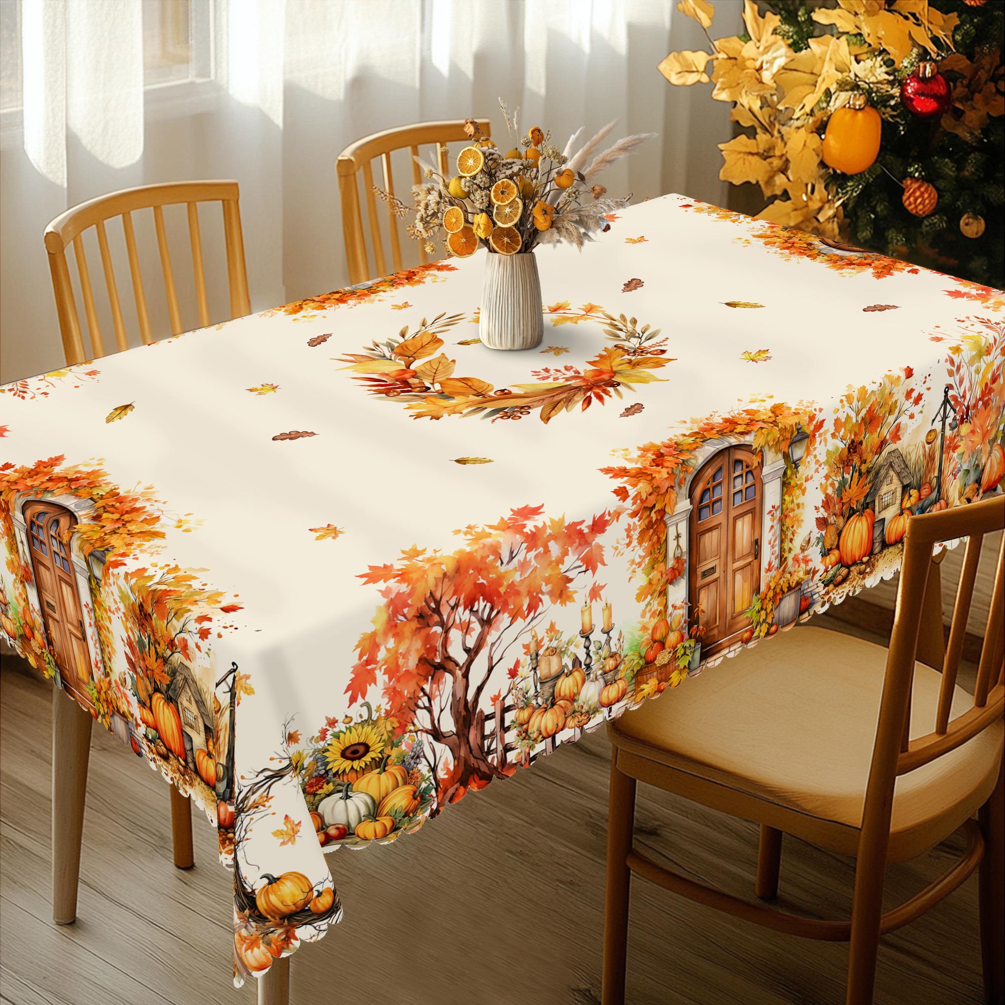 

1 Piece Of Autumn Thanksgiving-Themed Printed Tablecloth, Farmhouse Style, Maple Leaves, Pumpkin Pattern Design, Suitable For Autumn Harvest Holiday G Round (152)Cm