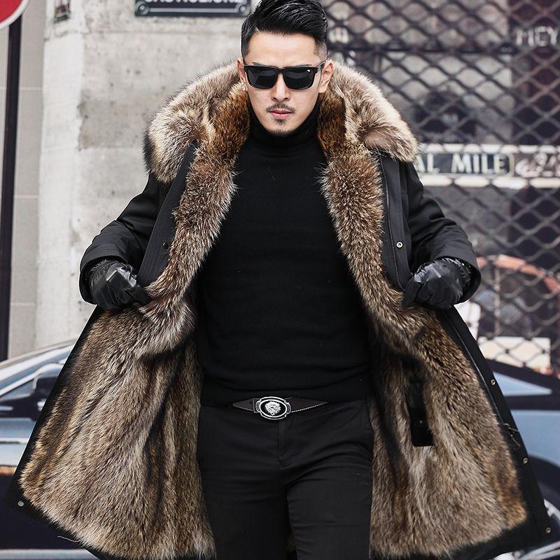 Pie overcome men's winter medium and long fur integrated winter thickened imitation fox fur jacket