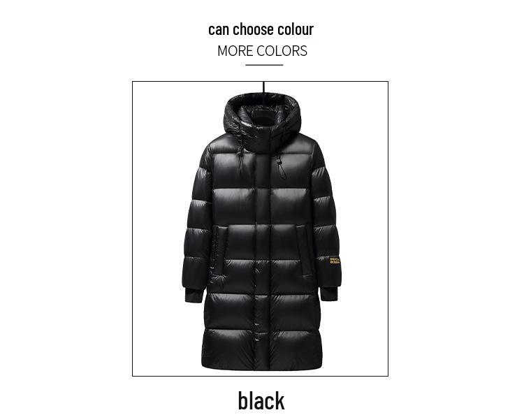 Men's and Women's Black and Gold Hooded Long Down Jacket - Thickened for Cold Protection