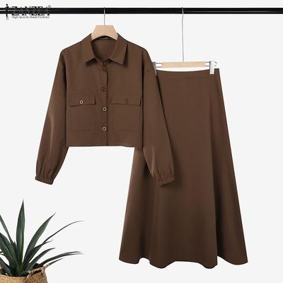 Women Long Sleeve Blouse and Long Skirts Casual Two Piece Suit Sets