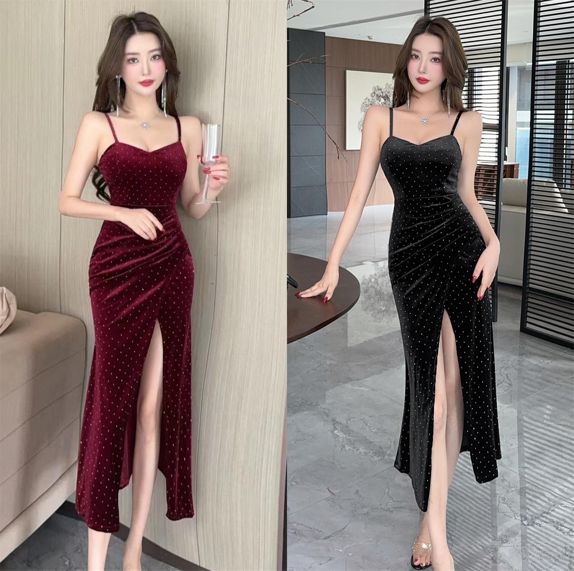 

Sexy low-cut high-slit long dress, golden velvet shows figure, hip-wrapped suspender dress, royal sister light and mature evening dress L бордовий