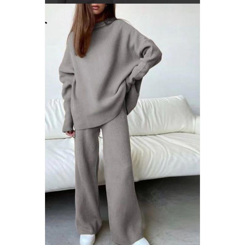 Women's Casual Two-Piece Suit, Long Sleeve, Wide-Leg Pants, Loose Turtleneck, Knitted, European and American Fashion