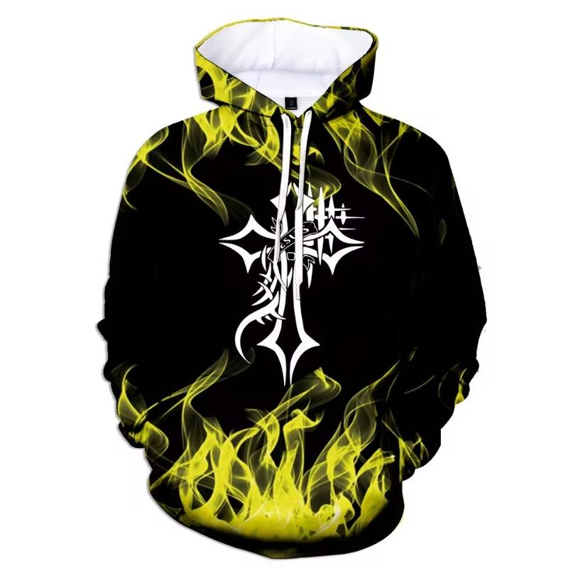 Fashion Autumn and Winter 3D Flame Men's Hoodie Hooded Sweatshirt Pullover Cross Printed Large Size Sweater
