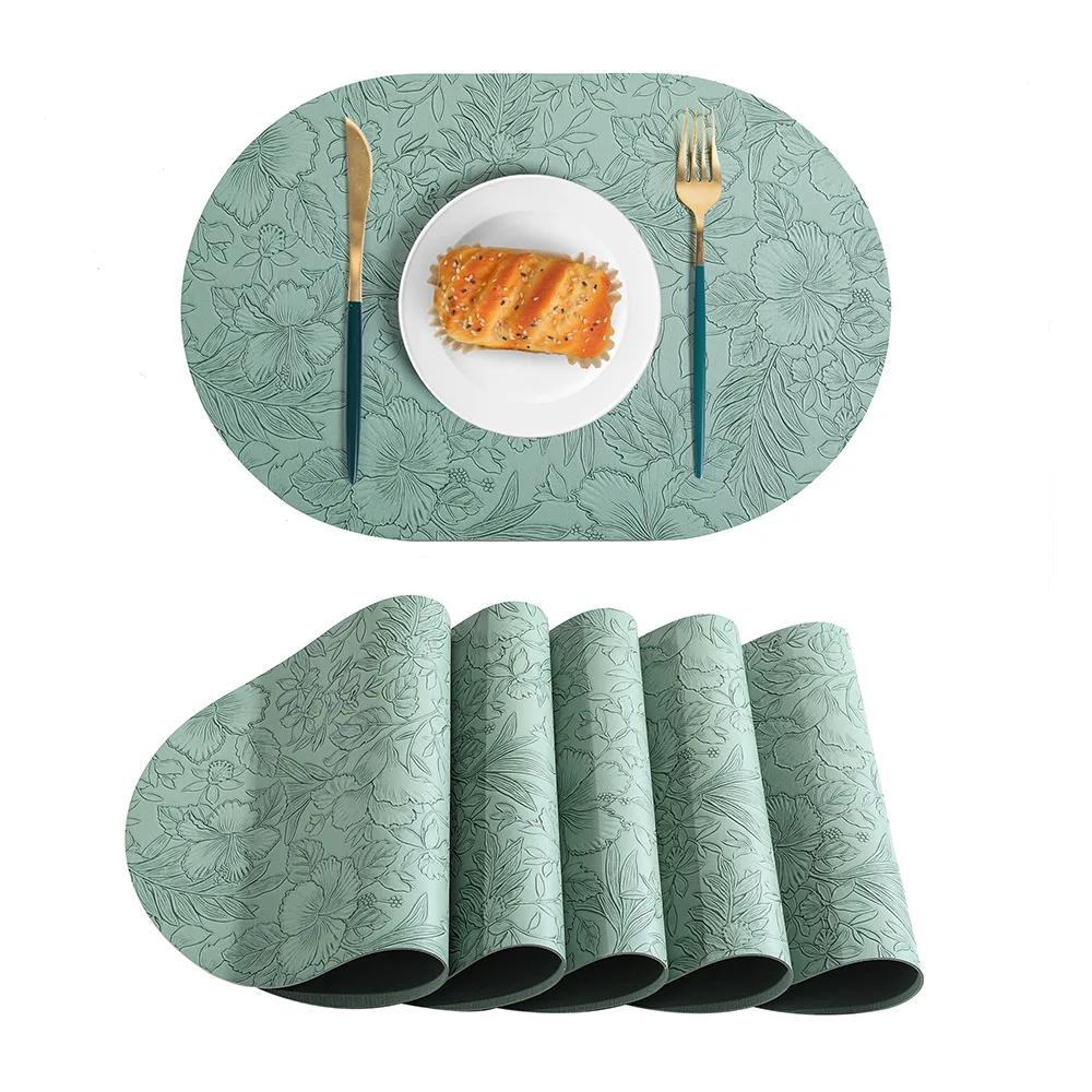 2PCS Light Luxury Floral Leather Placemat Elliptical Waterproof Oil Resistant Western Style Table Mat for Hotel Restaurant Home