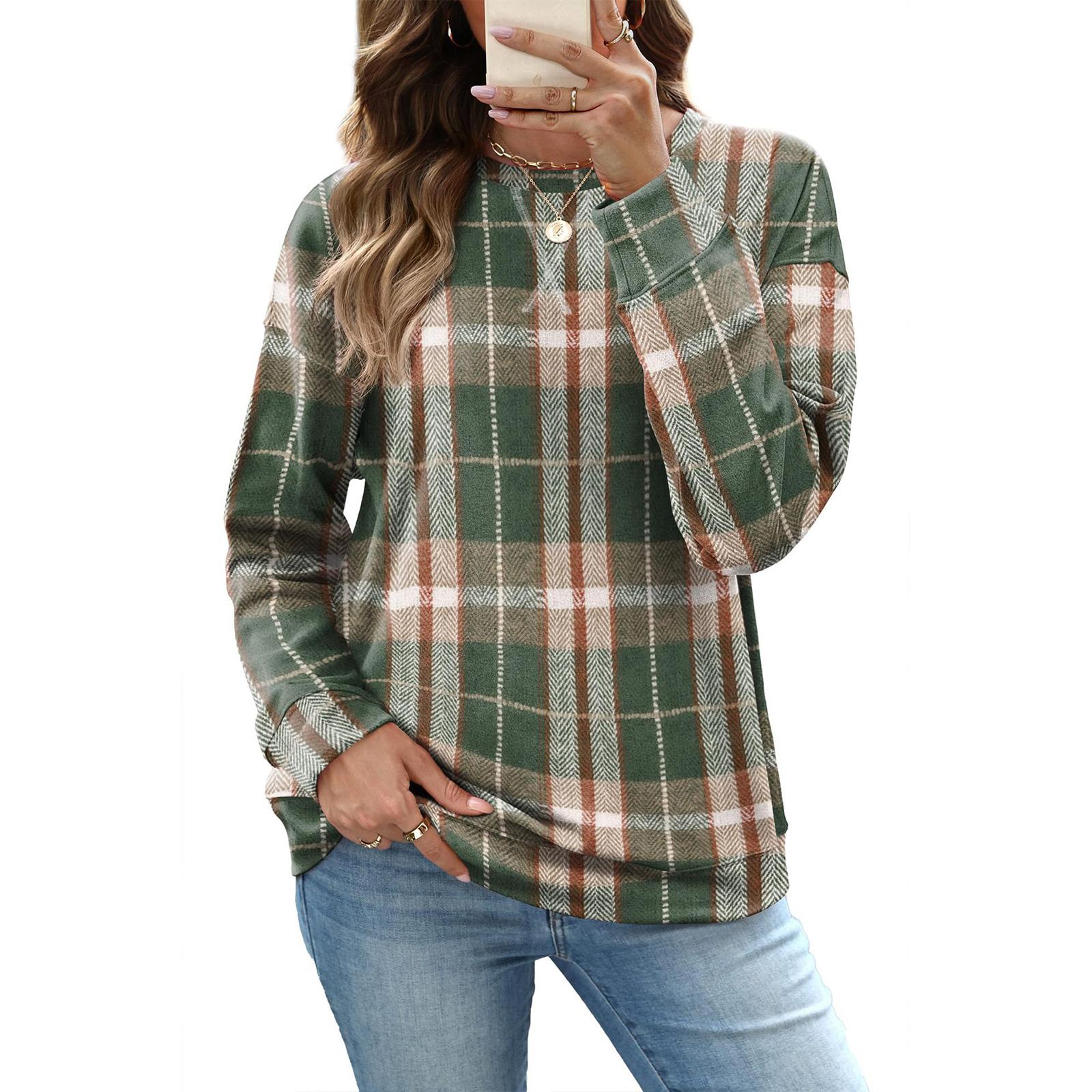 

Women s Loose Plaid Pullover Sweatshirt, Long Sleeves, Neck Top M зелёный
