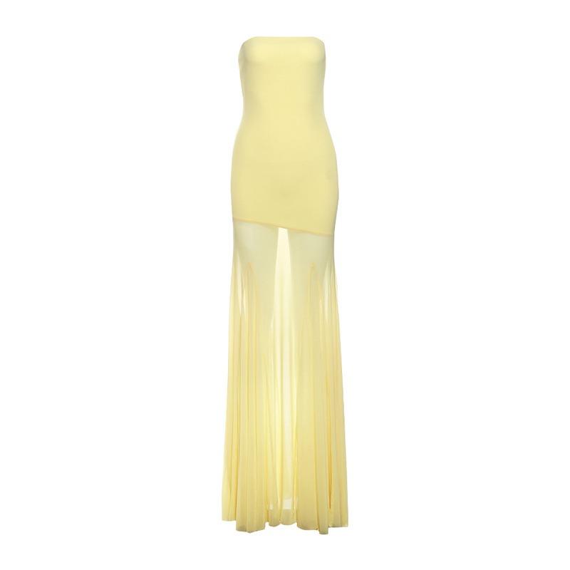 

Spring New Women s Clothing Solid Color Slim Fit High Waist Fashion One-word Neck Tube Top Dress Women L жовтий