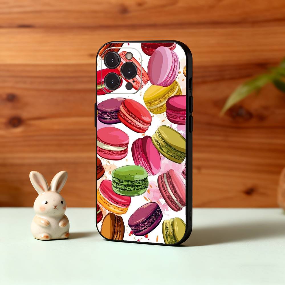 Yummy Macaron Colorful Phone Case For iPhone17,16,15,14,13,12Plus,Pro Max,XS,5G Soft Silicone Black Cover