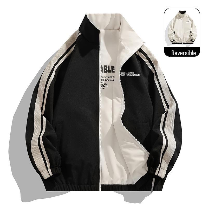 Hong Kong Style Men's Striped Two-Sided Stand-Up Collar Jacket - Casual Loose Fit for Spring and Autumn