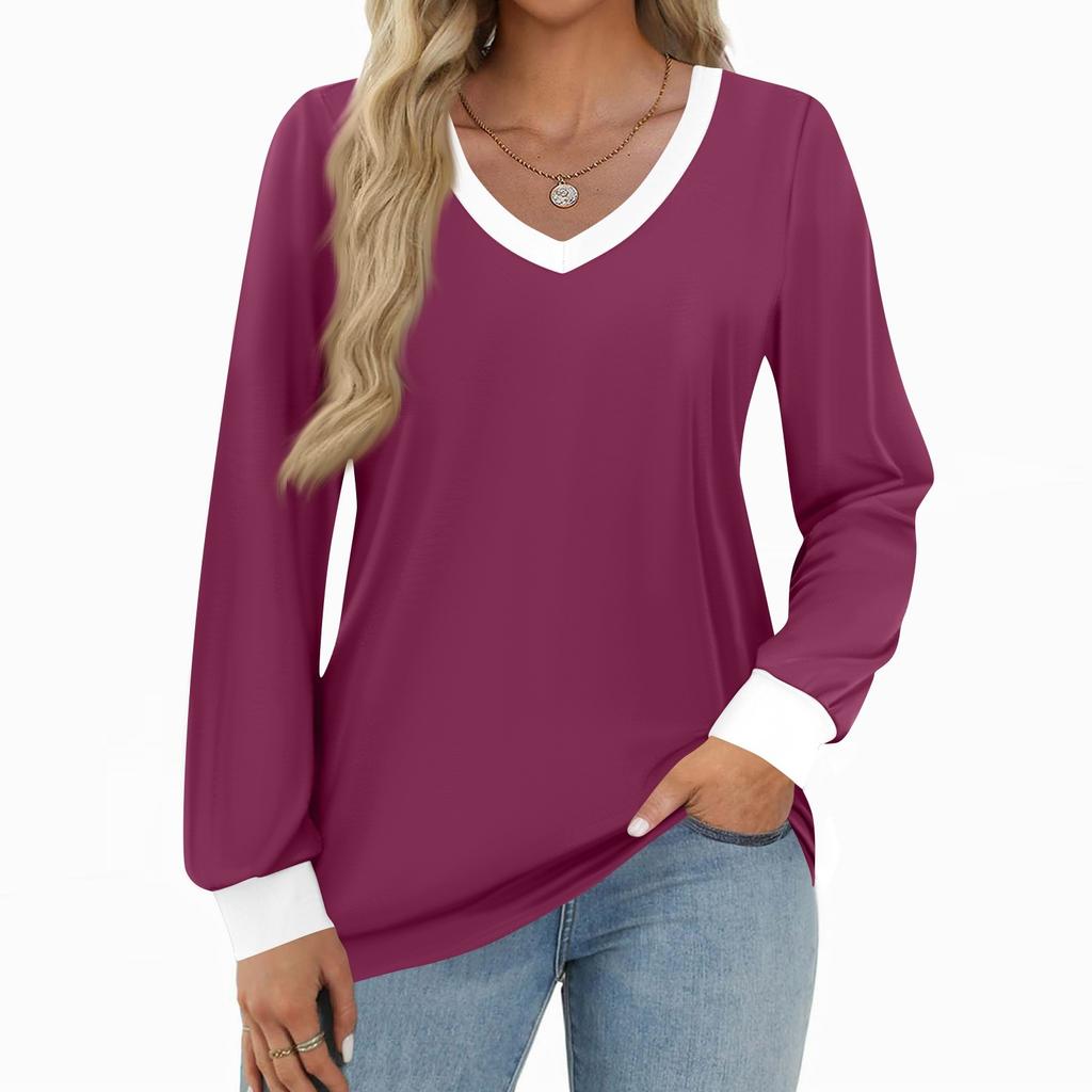 Women's Fashion Casual Long Sleeve Color Block Shirt Women's V-Neck Tops