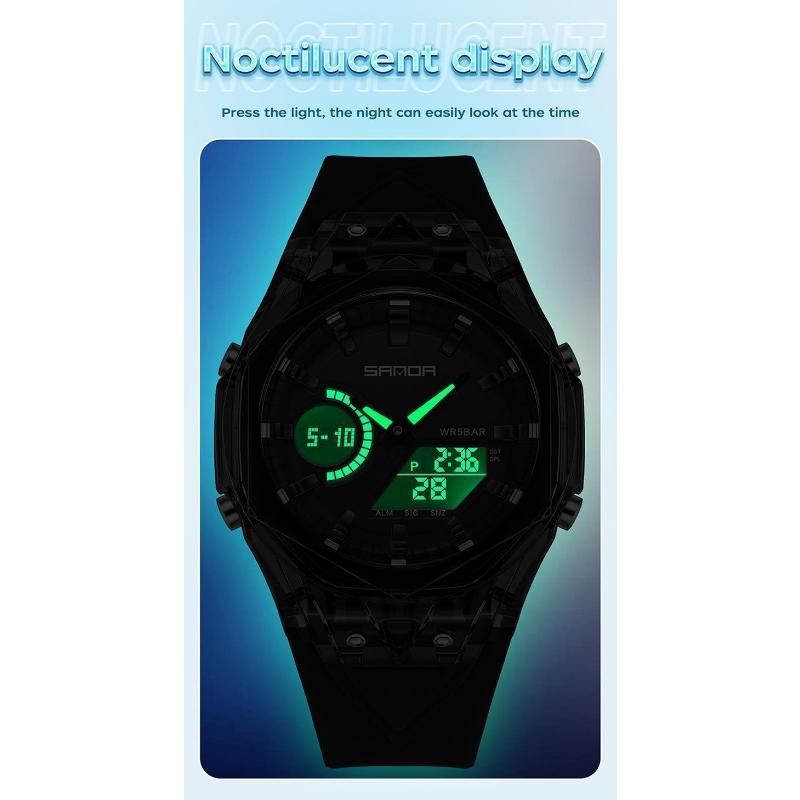 SANDA New Sports Men's Quartz Watches Luxury Military Waterproof Watch Dual Display LED Digital Men Wristwatch