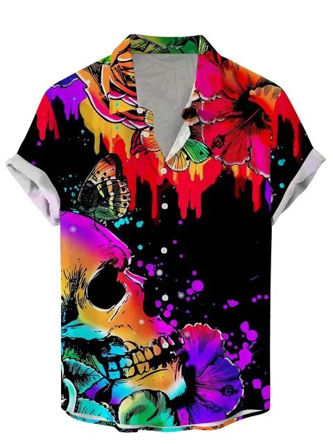 

Винтажные мужские рубашки с забавным принтом черепа и цветов, уличная одежда, рубашки с коротким рукавом, летние рубашки с принтом на лацканах в гавайском стиле для мужчин XXXL