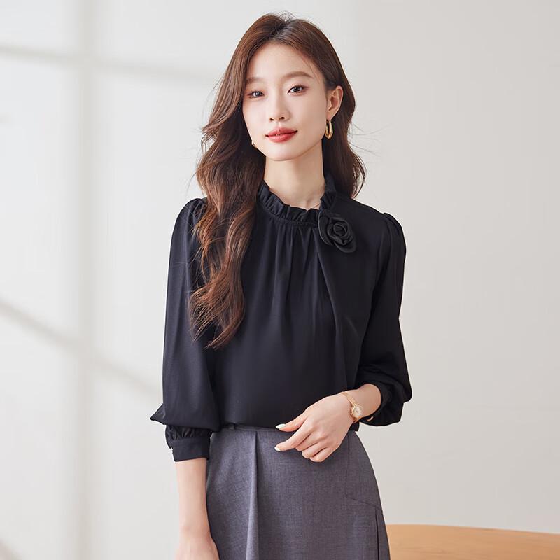 Women s Elegant Ruffle-Trim Long Sleeve Blouse L