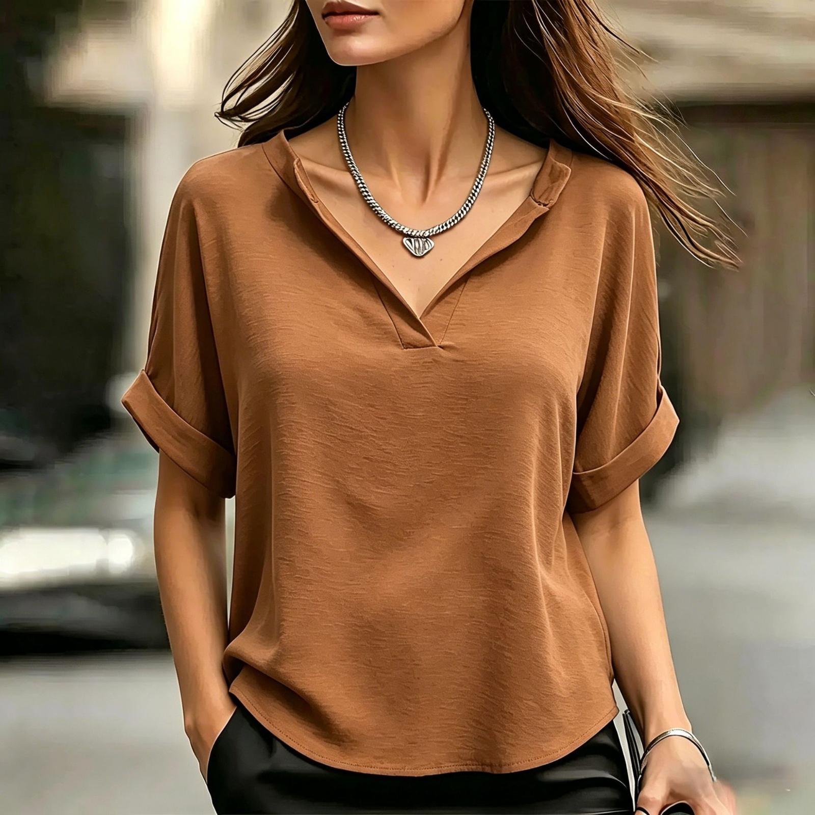 

Women V Neck Short Sleeve T Shirt Relaxed Fit Lightweight Soft Fabric Blouse Casual Basic Top for Daily Wear Office School XL
