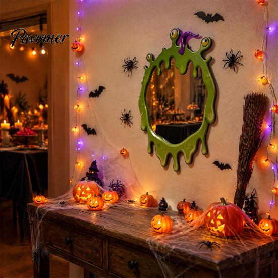 Halloween Wall Mirror Wooden Decorative Mirror, Pumpkin Ghost Bat Witch Cartoon Wood Decor Decor, Fun for Entryway Party, Festive Home Ornament Rustic