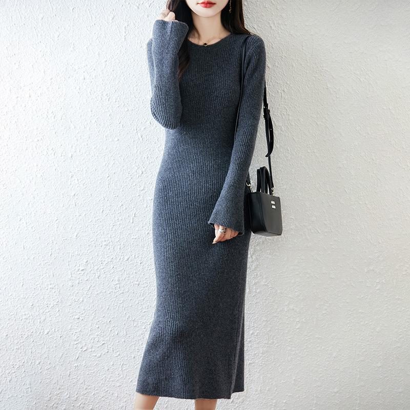Women Sweater Dress 100% Wool MODERN NEW SAGA O-neck Knit Long Pullover Winter Jumpers Wool Long Dress Female