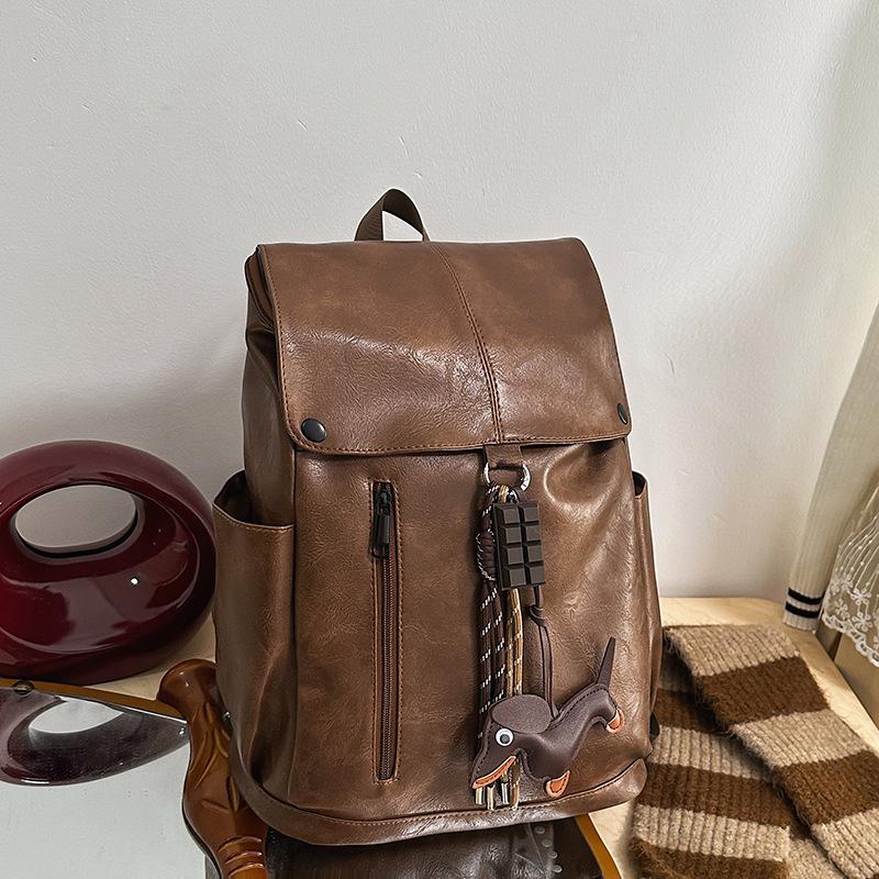 Retro Hong Kong style PU soft leather texture backpack men's large-capacity American schoolbag female college student computer backpack waterproof