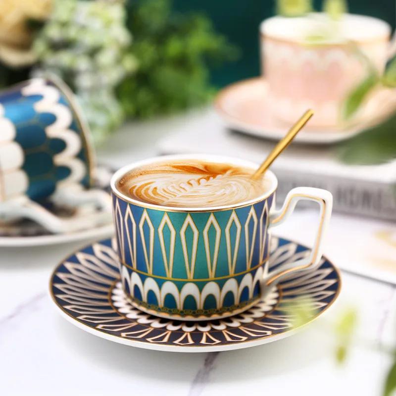 Geometric Striped Porcelain Coffee Cup with Saucer Luxury Gold Plated 200ml Mug Home Exquisite Dessert Tea Cup Home Decoration