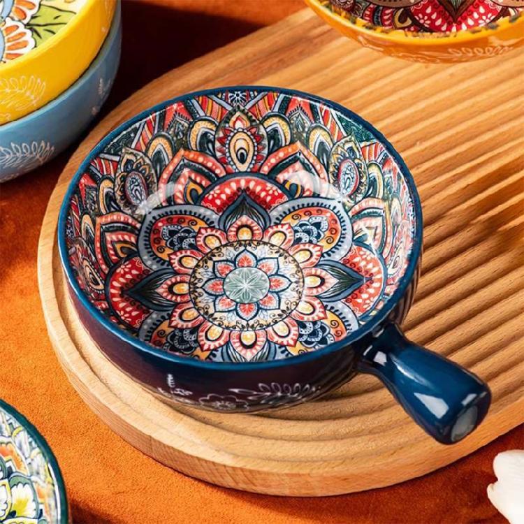 Multipurpose Bohemians Handled Bowl Salad Bowl Ceramic Texture Oven Microwave Safe Dishwasher Cleanable Healthy Cooking