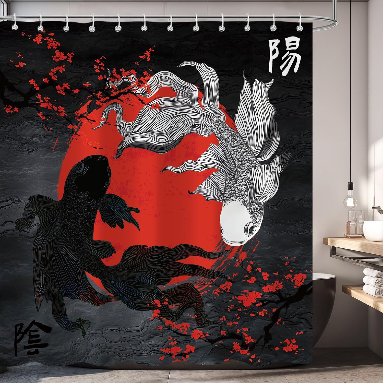 Japanese Anime Shower Curtain, Red and Black Koi Fish Yin Yang Cool Mens Bathroom Curtain Decor with Design, Asian Oriental Red 90x180CM