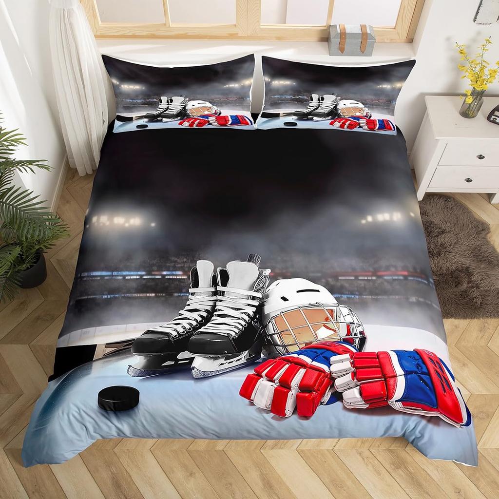 Erosebridal Ice Hockey Bedding Set Twin Hockey Player Duvet Cover for Kids Boys Girls Teens Juvenile Sports Game Comforter Cover Set Soft Mi