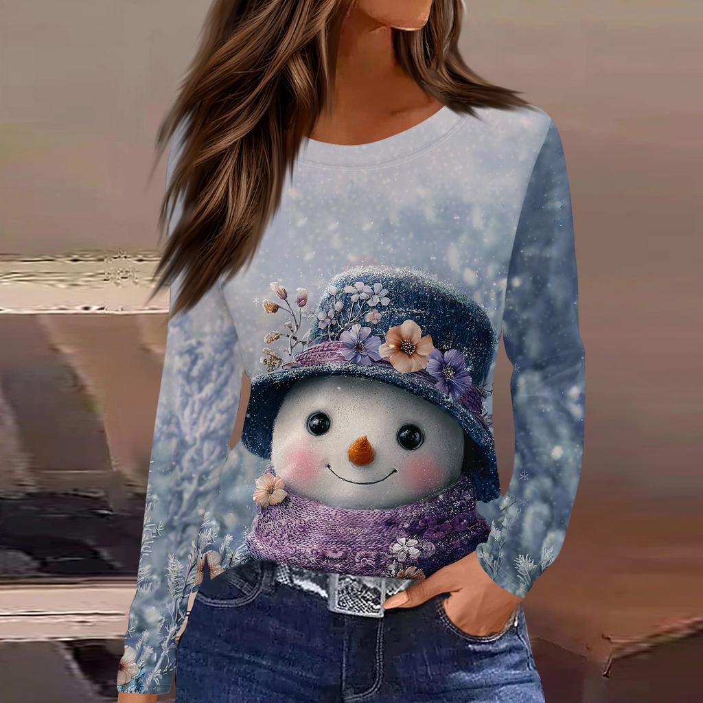 Women's Fashion Casual Slit Hem Round Neck Long Sleeve Loose Printed T-Shirt Ladies Top Christmas