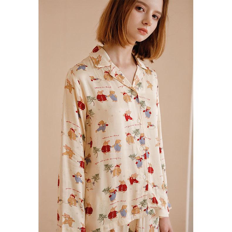 Women's Rayon Satin Four Seasons Rabbit Print Pajama Set - Comfortable, Casual, Loose Homewear