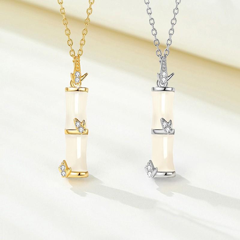 Womens Bamboo Joint Necklace Luxury Small Chalcedony Pendant Clavicle Chain Fashion Jewelry