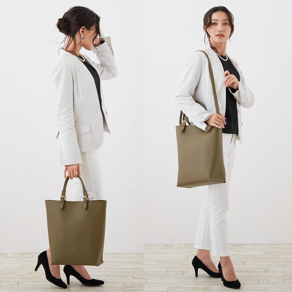 Synthetic Leather A4 Tote Bag with Shoulder Strap Tall Leatherette Belt Handle [Rootote] LT. (Olive)