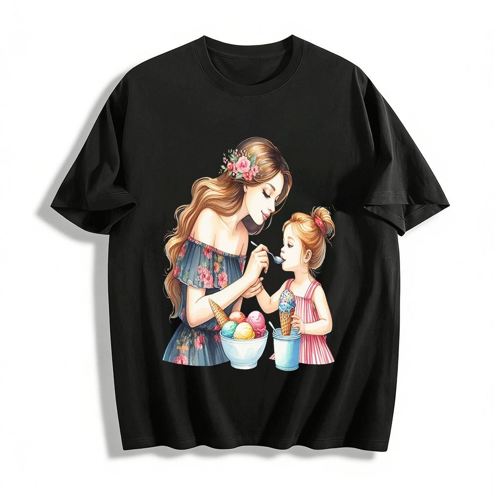 

Mother Daughter Ice Cream Time Print Casual Short Sleeve T-Shirt Pure cotton T-shirt XXS