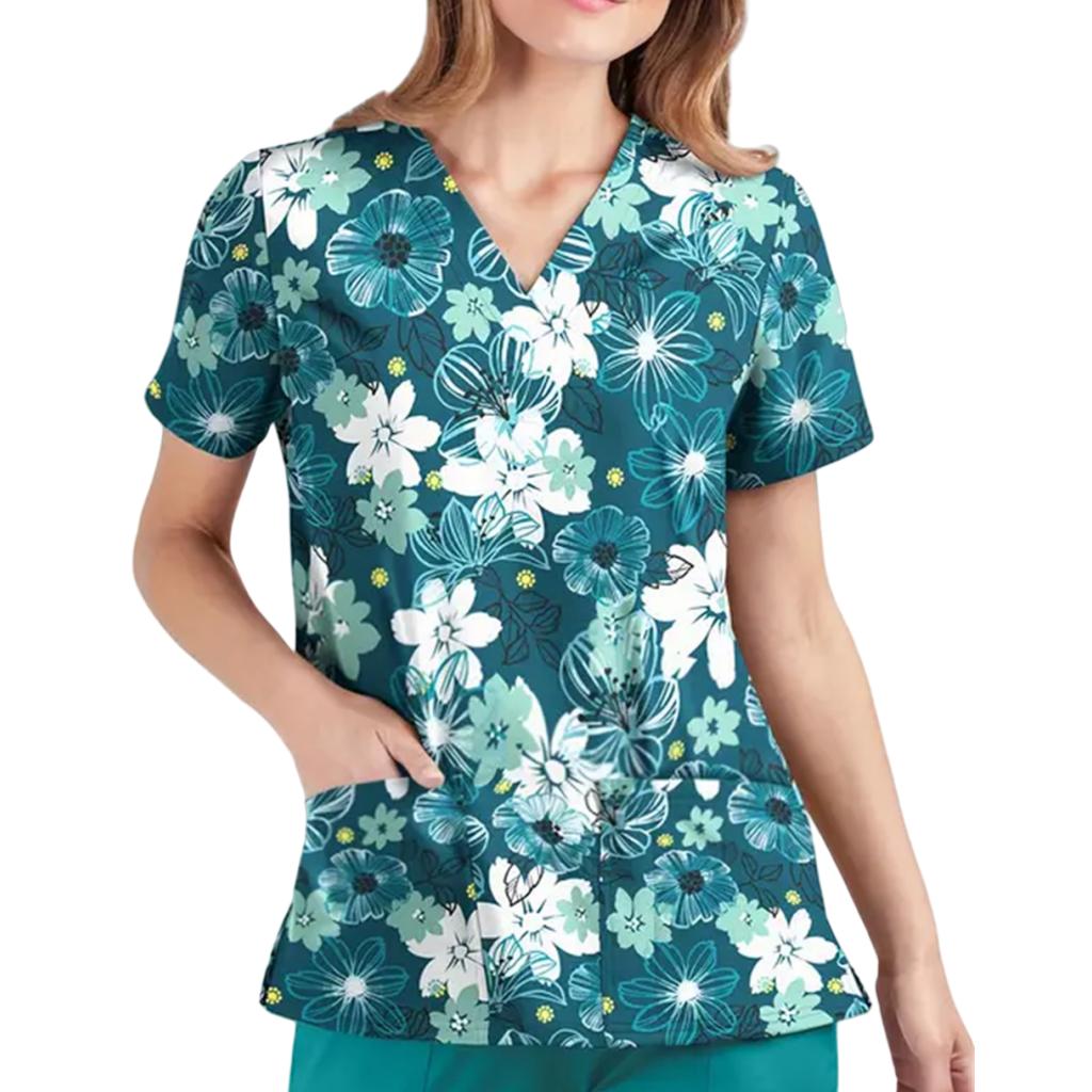 Scrubs Medical Uniforms Woman Fashion Floral Print Dental Nurse Tops V-Neck Short Sleeve Patch Pocket Tees Nurse Uniform Woman
