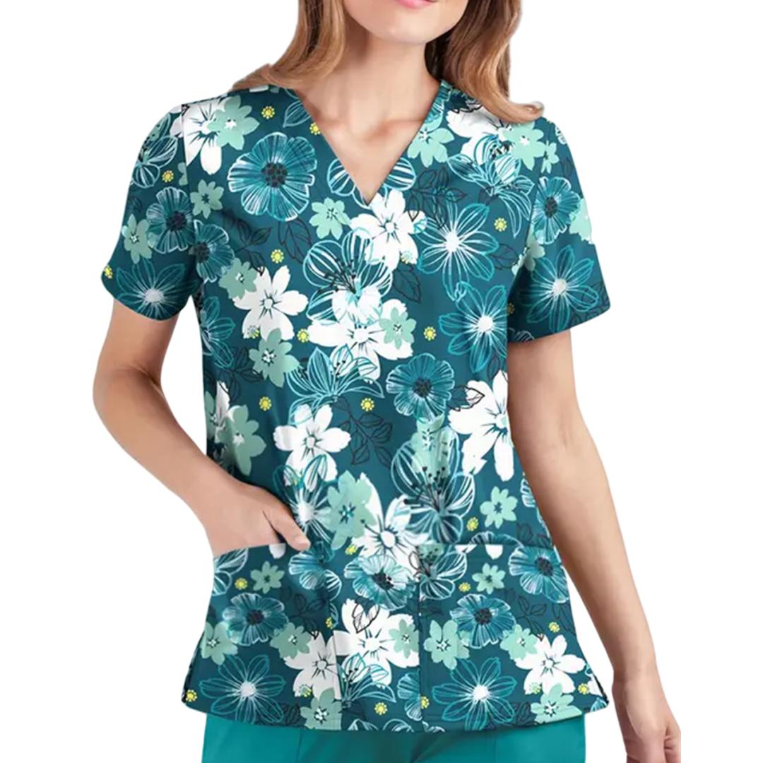 

Медичні костюми Жіноча мода Квітковий принт Топи для стоматологічної медсестри V-подібний виріз Короткий рукав Накладні кишені Футболки Жіночий медичний костюм 6XL