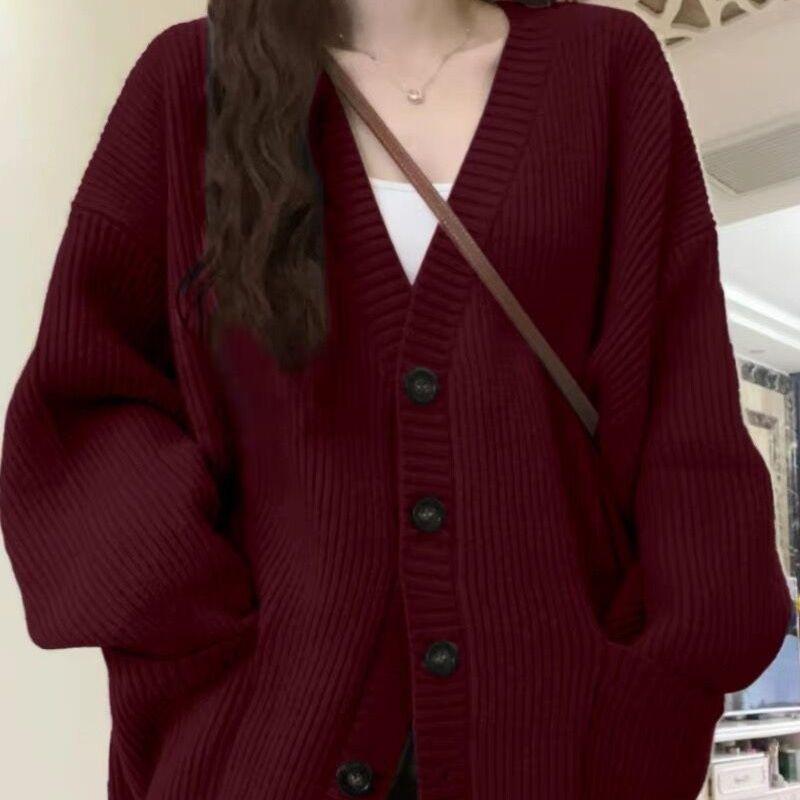 

Женский свитер-пальто осень зима корейский свободный темно-синий дофаминовый вязаный кардиган XL