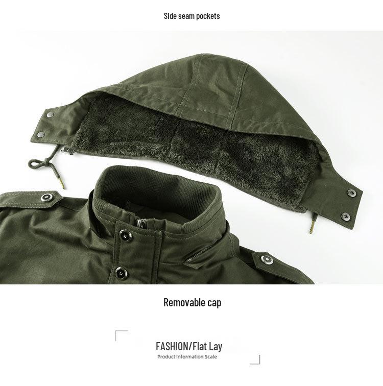Men's Hooded Military-Style Washed Cotton Jacket with Velvet Lining
