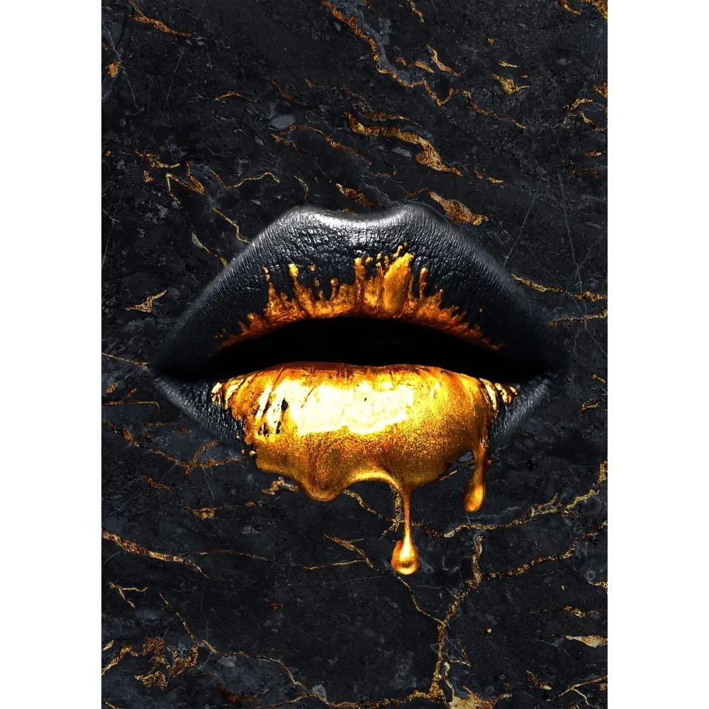 Luxury Modern Golden Lips Money Flower Poster Print Abstract Canvas Painting Wall Minimalist Art for Living Room Home Decoration