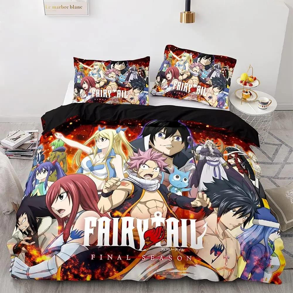 Neues Anime Fairy Tail Schwarzes Bettwäsche-Set 3D-Druck Geeignet für Schlafzimmer Bettbezug-Set Mit Kissenbezügen Kinder Heimtextilien
