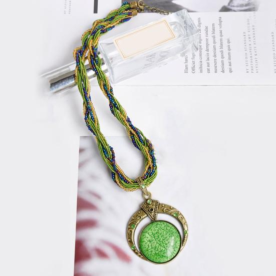 Round Unique Carved Bohemian Vintage Necklace Lady Multilayer Beads Chain Pendant Necklace