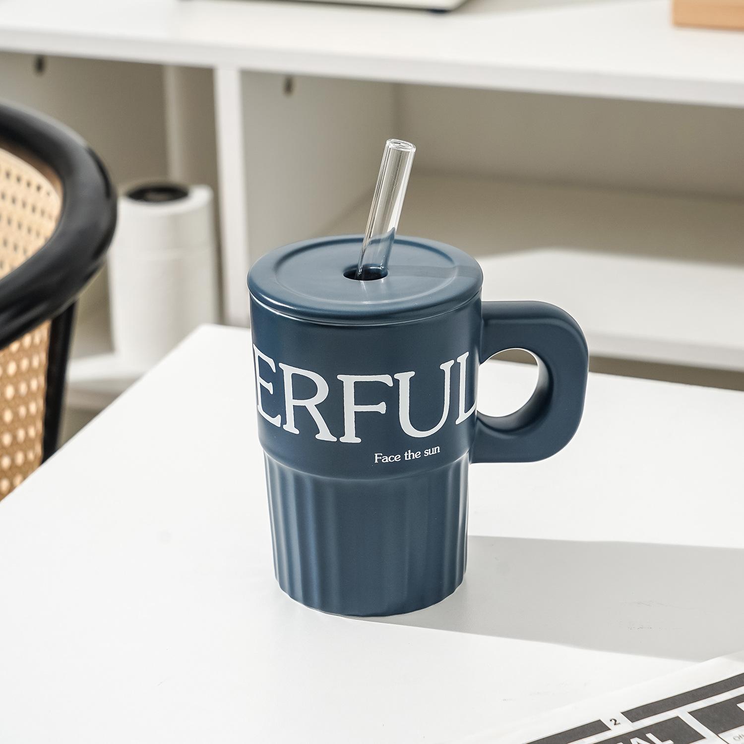 

Summer High Value Ins Style Mug with Lid Straw Cup for Girls Ceramic Water Cup Couple Simple Coffee Cup 401mL -500mL