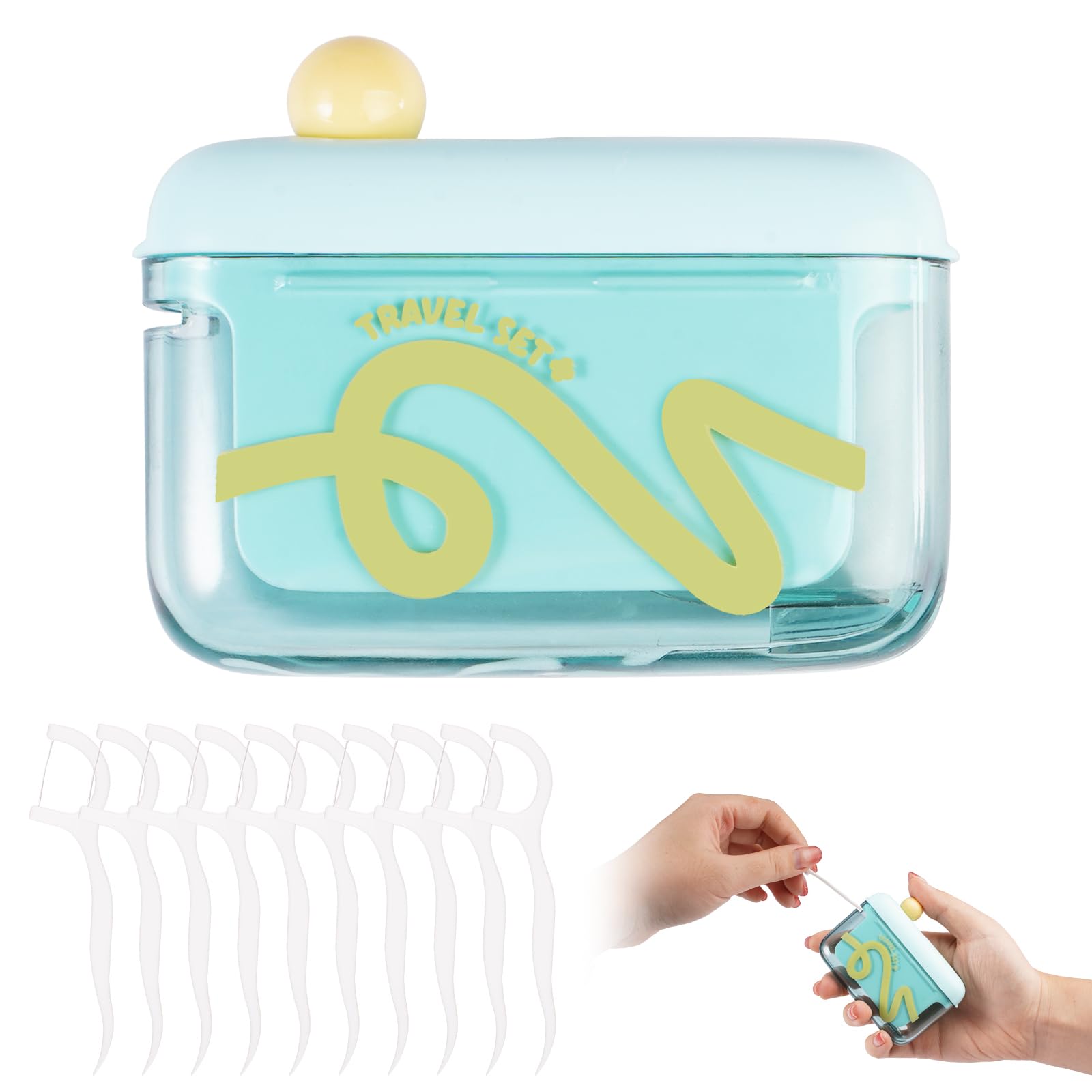 

Travel Floss Picks Dispenser,Automatic Pop-up Floss Pick Holder Case,Refillable Floss Organizer for Purse,Hygienic Dental Floss Storage Box with 50PCS зелёный