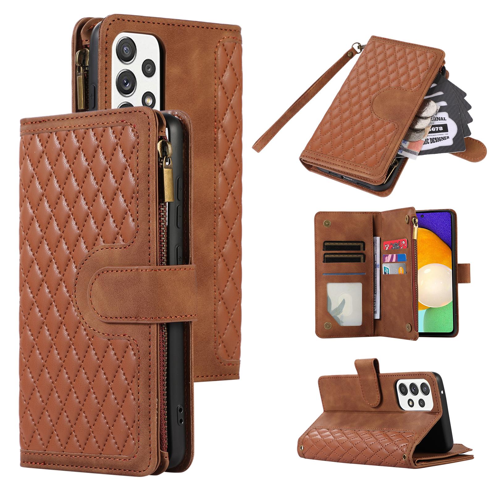 

For Samsung Galaxy A23 4G/A23 5G (Global Version) Zipper Pocket Phone Case Imprinted Leather Wallet Stand Cover with 9 Card Slots Brown
