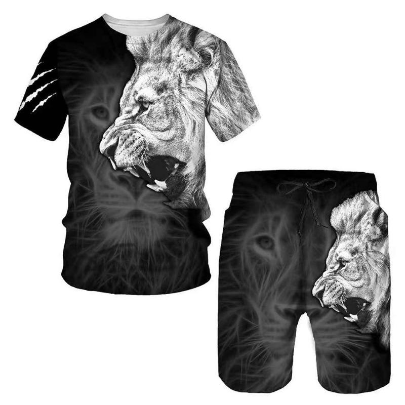 Summer Lion Animal Pattern Printed Men's Casual Comfortable Loose Short Sleeved Two-piece Sport Wear
