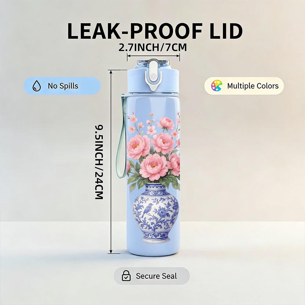 1PC Pink Floral Vase Vintage Pattern 750ml Color Plastic Sports Water Bottle Leakproof Flip Straw Lid Suitable for Sports Office Home Use