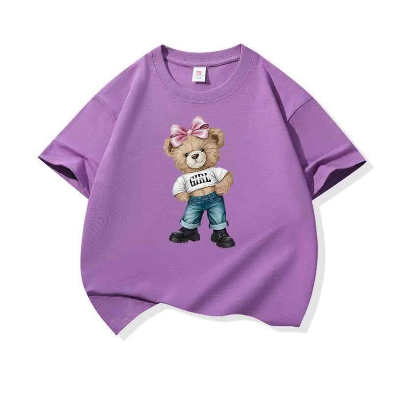 Girl Bear With Pink Bow Graphic Tee Kids Pure Cotton Crew Neck T Shirt Short Sleeve Muticolor Tops For Boys Girls Children