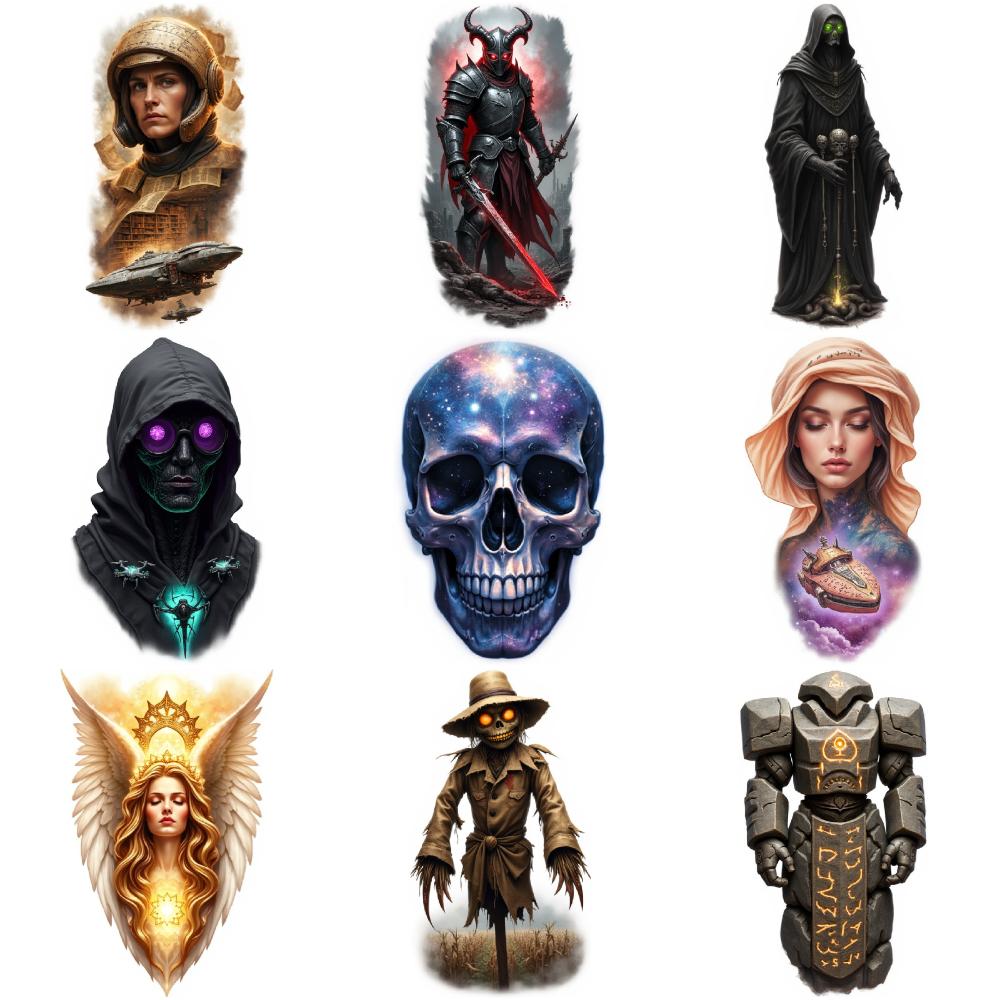 9pcs Temporary Tattoo Waterproof Long-lasting Body Stickers Space Explorer Warrior With Staff Hooded Figure For Arms Male