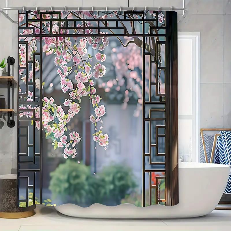 

Elegant Floral Shower Curtain For Modern Bathroom Decor - Soft Pink Blossom Design With Geometric Frame Waterproof Durable W60H190(CM)-1 Pcs