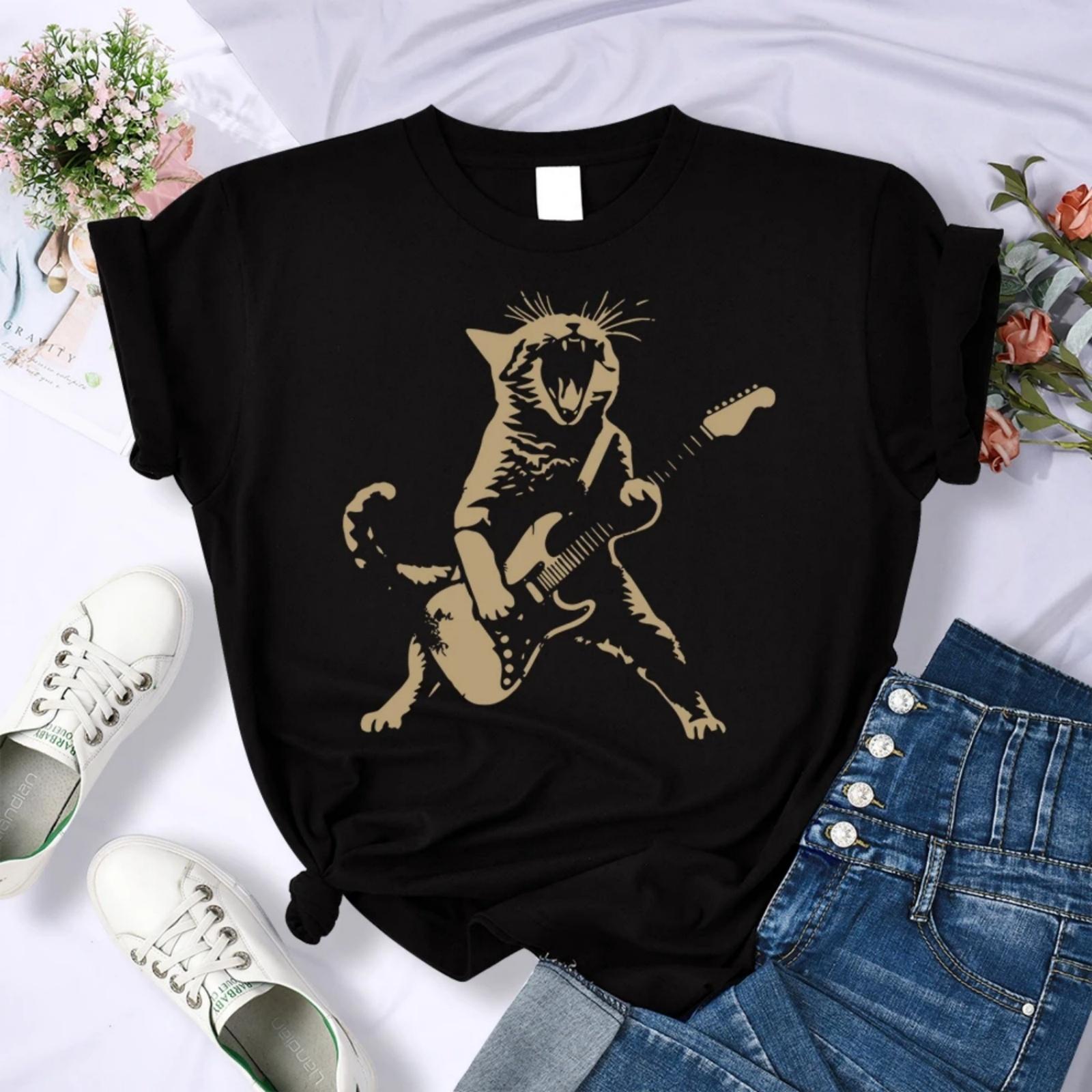 

Cat Playing The Guitar Painting Print Tee Top Women Street Hip Hop Clothes Summer Breathable Short Sleeve Oversize T-Shirt XXXXXL різнокольоровий