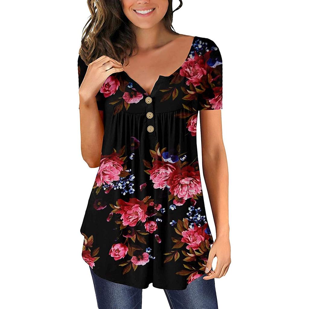 Women's Summer Casual Flower Print Short-sleeved Loose A-line Swing Top